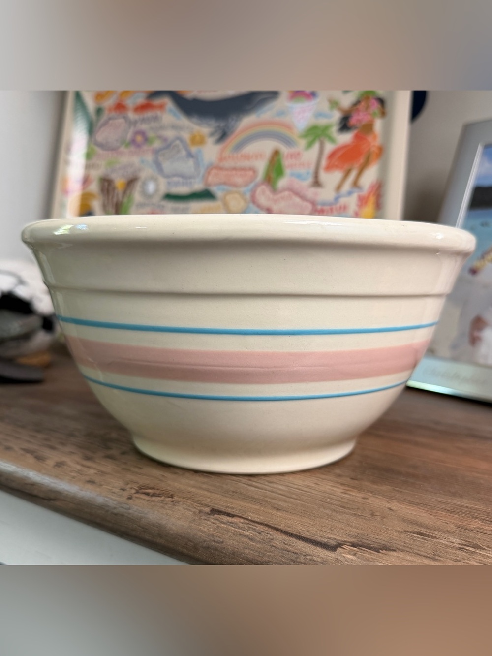 Vintage McCoy Cream Pottery Bowl with Pink and Blue Stripes- 8”